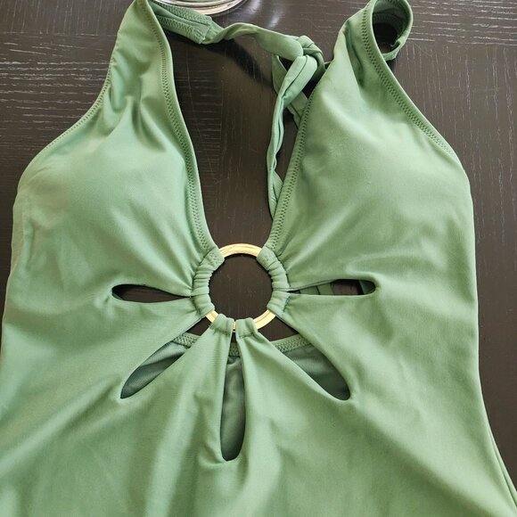 Boho Floral Cutout Ring Detail Halter 1pc Full Coverage Swimsuit|Green Sz. L - Picture 5 of 7